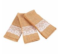 Aisuoka 50 pcs Naturel Coutellerie Couteaux et fourchettes Couverts Porte-Sac en argenterie Toile de et Dentelle Decor de Mariage de Fete, 21 x 11 cm