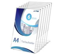 AITEE Lot de 6 présentoirs de table en acrylique A4 inclinés - En plexiglas transparent - Pour bureau, restaurant, magasin, hôtel, promotion, comptoir