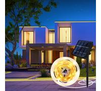 Aitesuo Solaire Ruban LED Exterieur, 5m Bande LED Exterieure Autocollante avec Télécommande, Dimmable, 8 Mode, 180 LED, IP65 Étanche, Découpable Lumineuse pour Pavillon, Balcon, Camping, Blanc Chaud