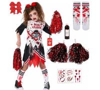 Aitsite Costume de campus d'horreur d'Halloween avec chaussettes rayées et pompons, robe de pom-pom girl zombie pour filles