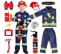 Aitsite Costume de pompier pour enfant bleu foncé - Ensemble de pompier avec veste, pantalon, ceinture, casque, extincteur, hache, talkie-walkie et badge pour carnaval, Halloween