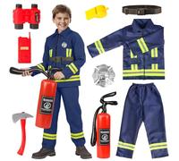 Aitsite Costume de pompier pour enfant - Costume de pompier avec veste, pantalon, ceinture, extincteur, lunette, hache, talkie-walkie, badge et sifflet - Ensemble parfait pour carnaval et cosplay