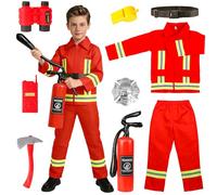 Aitsite Costume de pompier pour enfant - Rouge - Ensemble de déguisement de pompier avec veste, pantalon, ceinture, casque, extincteur, hache, talkie-walkie et badge pour carnaval, Halloween