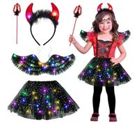 Aitsite Costume d'Halloween pour fille - Costume de diable lumineux pour enfant - Costume d'Halloween pour enfants - Ange sombre - Tutu LED - Jupe en tulle - Jupe tutu avec bandeau de diable et
