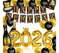 Aitsite Décoration de la Saint-Sylvestre 2026 Set de Décoration, Décoration du Nouvel An, Guirlande Happy New Year 2026 + Ballons en Aluminium, Noir et Or