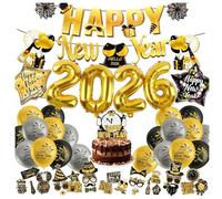 Aitsite Kit de décoration pour le Nouvel An 2026, guirlande Happy New Year + ballons en aluminium + ballons noirs et dorés & accessoires photo, New Year Decoration, décoration du Nouvel An, ballons de