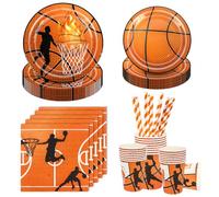Aitsite Lot de 100 assiettes de basket-ball orange, 20 assiettes de 17 cm, 20 assiettes de 22,3 cm, 20 gobelets en carton, 20 pailles et 20 serviettes pour 20 invités, anniversaire, sport