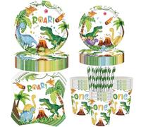 Aitsite Lot de 100 assiettes de fête d'anniversaire pour 20 invités - Motif dinosaures - Décoration de fête d'anniversaire - Assiettes, gobelets, serviettes