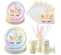 Aitsite Lot de 100 assiettes de fête licorne pour 20 invités - Vaisselle d'anniversaire licorne - Décoration de fête d'anniversaire pour enfant - Assiettes, gobelets, serviettes (coloré)