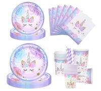 Aitsite Lot de 100 assiettes de fête licorne pour 20 invités - Vaisselle d'anniversaire licorne - Décoration de fête d'anniversaire pour enfant - Assiettes, gobelets, serviettes - Violet