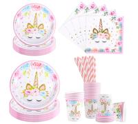 Aitsite Lot de 100 assiettes de fête licorne pour 20 invités - Vaisselle d'anniversaire licorne - Décoration de fête d'anniversaire - Assiettes, gobelets, serviettes - Rose