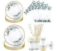 Aitsite Lot de 100 décorations de fête à feuilles d'eucalyptus, 20 assiettes à feuilles d'eucalyptus, vaisselle pour anniversaire à feuilles d'eucalyptus, assiettes, gobelets et serviettes pour