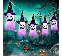 Aitsite Lot de 5 fantômes suspendus pour Halloween - Blanc - Avec chapeau de sorcière - Guirlande lumineuse LED pour fête - Citrouille lumineuse à suspendre - Pour l'intérieur et l'extérieur