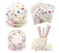 Aitsite Lot de 50 assiettes de fête d'anniversaire pour 10 invités - Motif fleurs fraîches - Vaisselle d'anniversaire fraîche - Décoration de fête d'anniversaire d'enfant - Assiettes, gobelets