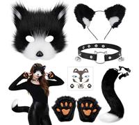 Aitsite Lot de 6 Masque de Renard en Peluche Set, Masque à Furry Fox Tail Therian Paws Ensemble de Costumes de Renard Animal pour Halloween Carnaval Fête Cosplay
