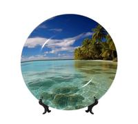 Aitutaki - Assiettes décoratives en porcelaine anglaise - Motif lagon des îles Cook - 17,8 cm - Avec présentoir - Ornements en céramique - Pour la maison, le bureau - Décoration murale
