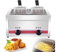 AityBuy Friteuse À Gpl en Acier Inoxydable, Friteuse À Gaz Commerciale, Contrôle De La Température Autonome, Friteuse À Graisse De Comptoir avec Panier Amovible DoubleCylinder10L+10L