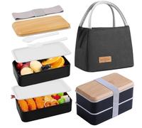 Aiuuee Bento Lunch Box avec Sac, 1400 ml Boite Repas avec 8L Sac Isotherme Repas et Couverts, Bento Box Micro-Ondable, Anti Fuite Boîtes Bento Travail Adulte(Noir)