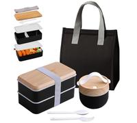 Aiuuee Bento Lunch Box avec Sac Kit, 1400 ML Boite Repas avec 11 L Sac Isotherme Repas et 600ml Mug Soupe et Couverts, Lunchbox Micro Ondable, Boite Bento Travail Adulte（Noir）