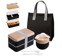 Aiuuee Bento Lunch Box avec Sac Kit, 1400ML Boite Repas avec 7.5L Sac Isotherme Repas et 600ml Mug Soupe et Couverts, Lunchbox Micro Ondable, Boite Bento Travail Adulte（Noir）