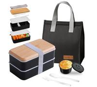 Aiuuee Bento Lunch Box avec Sac Kit, 1400ML Boite Repas avec 7.5L Sac Isotherme Repas et Couverts, Lunchbox Micro Ondable, Boite Bento Box Travail Pique Nique École Adulte Enfant(Noir)