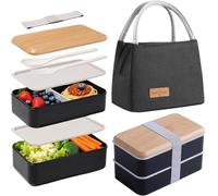 Aiuuee Bento Lunch Box Kit, 1400 ml 2 Etages Bento Lunch Box Isotherme avec 8L Lunch Bag, Hermétique Boite Repas avec Couverts, Bento Box Micro-Ondable, Boite a Lunch Adulte Travail Ecole (Noir
