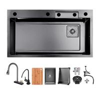 AIVANOTO Évier de cuisine cascade 80 x 50 cm, noir, 1 évier, évier de cuisine, en acier inoxydable, rectangulaire, avec robinet extractible, petit évier, évier, évier, bonde