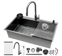 AIVANOTO Évier de cuisine, gris et noir, 80 x 50 cm, en acier inoxydable, avec robinet extensible, grand égouttoir à vaisselle, distributeur de savon, siphon et bonde d'écoulement, évier encastré