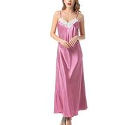 Aivtalk - Robe de Nuit en Dentelle Babydoll Lingerie Nuisette Longue Femme en Soie Artificielle Chemise de Nuit Col V en Satin Style 3 Rouge Rosé Taille 42