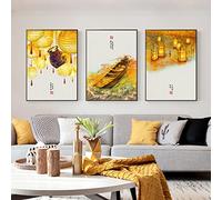 AIVYNA Paysage Chinois Affiche Bateau Lanterne Feuilles Toile tableau Peinture Murale Art RéTro Tableaux Salon Chambre Decoration à La Maison Sans Cadre