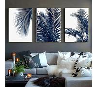 AIVYNA Peintures Sur Toile tableau Nordique Bleu Marine Art Mural Feuille De Palmier Affiche Imprimer Decoration Botanique Image Oeuvre Salon à La Maison Sans Cadre, Blanc, 60×80cm×3pcs