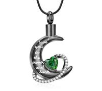 AIWENXI Collier urne en forme de lune pour cendres funéraires en acier inoxydable en forme de cœur avec pendentif souvenir en cristal vert pour homme et femme