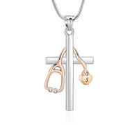 AIWENXI Stéthoscope croix incinération bijoux petit cœur urne colliers pour cendres pour femmes hommes acier inoxydable doré pendentif souvenir bijoux, Acier inoxydable