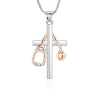 AIWENXI Stéthoscope croix incinération bijoux petit cœur urne colliers pour cendres pour femmes hommes acier inoxydable doré pendentif souvenir bijoux, Acier inoxydable