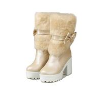 aixizi Bottes mi-Mollet, Bottes de Neige à Talons Hauts pour Femmes, Bottes Droites Chaudes en Peluche à Bout Rond et à Talons épais, Bottes Courtes à la Mode en Cuir Verni avec,Beige,36 EU