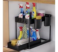 AIXPI Organiseur de cuisine à 2 étages, étagère sous l'évier avec crochet et tasse, étagère à épices, étagère de cuisine, organiseur pour salle de bain, cuisine, noir