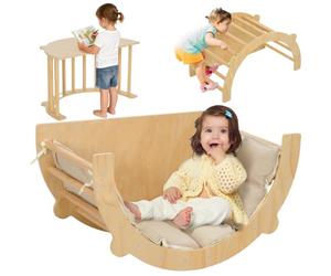 AIYAPLAY 3 en 1 Arche Escalade Enfants pour 18 à 48 Mois, Bois Naturel | Chaise à Bascule, Table de Jeu avec Coussin, Parcours Motricité Bébé, Bois Massif, pour Garçons & Filles