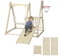AIYAPLAY 5-en-1 Montessori Triangle d'escalade en Bois intérieur Naturel | Toboggan, balançoire, filet, planche, panier de basket, terrain de jeu pliable 3-6 ans
