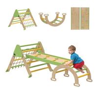 AIYAPLAY 8 en 1 Triangle d'escalade Enfants avec Rampe Double Face, Arc d'escalade en Bois peuplier avec Toboggan & échelle, Charge 50 kg pour Glisser ou Grimper pour bébé de 18 à 48 Mois, Vert