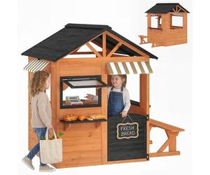 AIYAPLAY Abri de jardin pour enfants en bois de sapin, maison pour enfants d'extérieur avec cuisine, 4 fenêtres, demi-porte, banc, étagère et toit, pour enfants 3-8 ans, 171,5 x 146 x 156 cm, marron