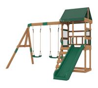 AIYAPLAY Aire de Jeux portique en Bois avec 2 balançoires et Toboggan, Mur d'Escalade et Terrasse Couverte, pour 3 à 8 Ans