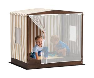 AIYAPLAY Bac à Sable avec Porte en Filet - 142 x 101,5 cm - en Bois - avec Banc, Espace de Rangement, Protection du Sol - pour 4 Enfants de 3 à 6 Ans - Marron