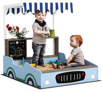 AIYAPLAY Bac à sable avec toit, 90 x 108 cm Bac à sable en bois avec banc, tableau à dessin, bacs à plantes, design d'épicerie pour 2 enfants 3-7 ans Bleu