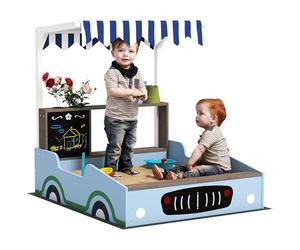 AIYAPLAY Bac à sable avec toit, 90 x 108 cm Bac à sable en bois avec banc, tableau à dessin, bacs à plantes, design d'épicerie pour 2 enfants 3-7 ans Bleu