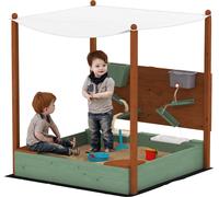 AIYAPLAY Bac à sable avec toit solaire, 116 x 112,5 cm Bac à sable en bois avec siège, voile de fond, 2 bacs, jouets pour le sable et l'eau, seau avec robinet pour enfants de 3 à 6 ans Vert