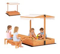 AIYAPLAY Bac à Sable en Bois avec Auvent Réglable Table de Pique-nique avec Bancs 6 Enfants de 3-8 Ans 184x110x120 cm Marron