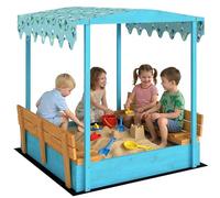 AIYAPLAY Bac à Sable en Bois avec Couvercle, bac à Sable Enfant extérieur avec siège Pliable, Espace de Rangement, Toile imprimée Flamants Bleus, Fond Inclus, pour Enfants de 3 à 6 Ans