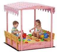 AIYAPLAY Bac à Sable en Bois avec Couvercle, bac à Sable Enfant extérieur avec siège Pliable, Espace de Rangement, Toile imprimée Flamants, Fond Inclus, pour Enfants de 3 à 6 Ans, Rose