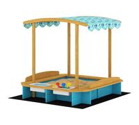 AIYAPLAY Bac à sable en bois avec toit 3 bancs 2 coffres en PP doublure pour enfants de 3-6 ans 128x118x121 cm Bleu