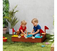 AIYAPLAY Bac à sable en bois pour enfants 3-7 ans avec sièges, drapeaux, sans fond, thème de la muraille, 90 x 90 x 17 cm, marron